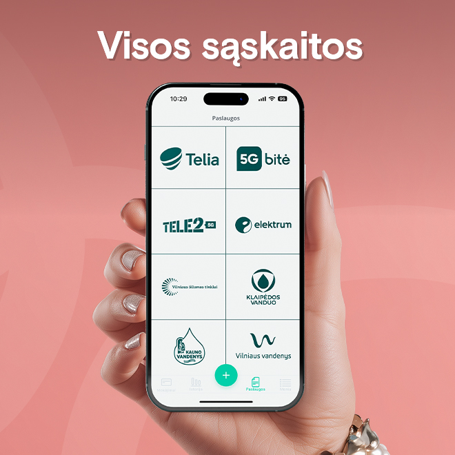 Telefono ekrane rodomas paslaugų teikėjų sąrašas sąskaitoms apmokėti.